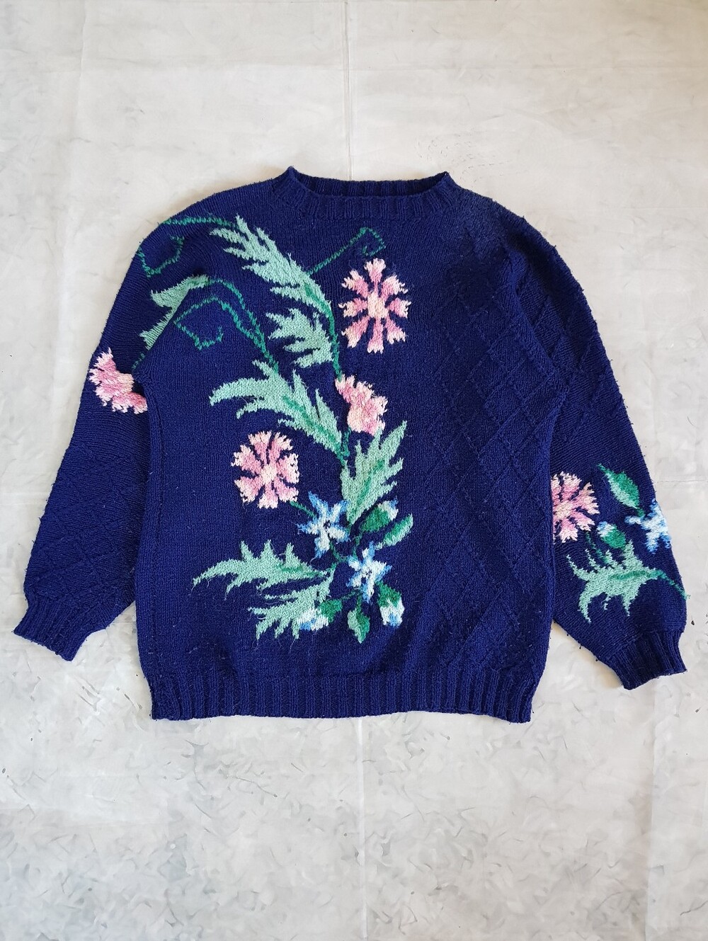 Vintage Navy Blue Floral Knit Pullover Sweater, Approx. Men's Large